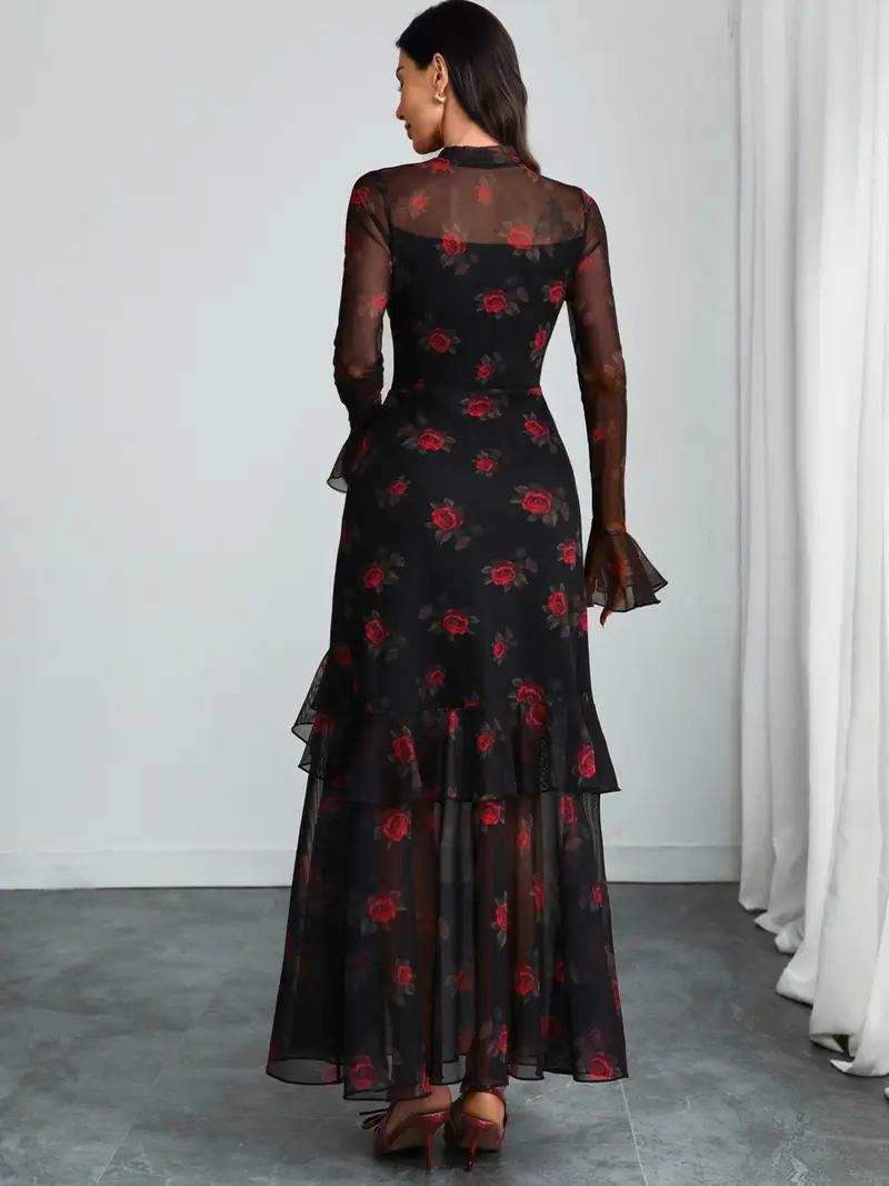 Women’s Floral Mesh Long Sleeve Ruffle Maxi Dress