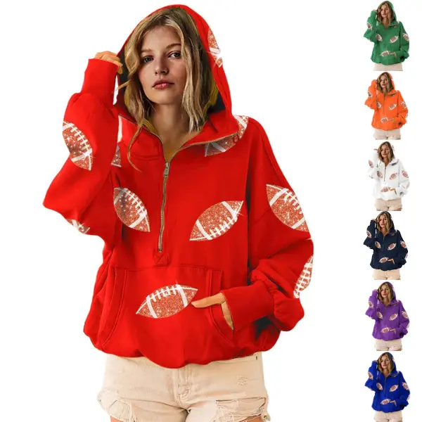 Women's Oversized Game Day Hoodie Casual Long‑Sleeve Half‑Zip Pullover with Sequin Football Print Kangaroo Pocket