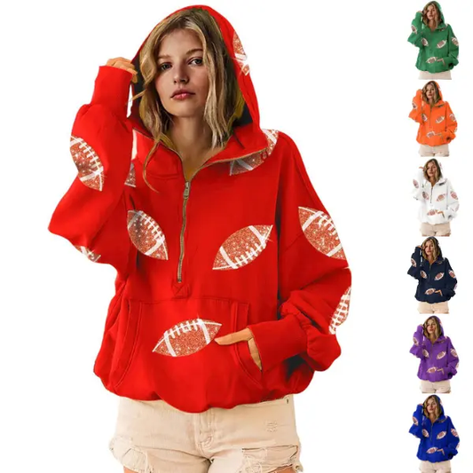 Women's Oversized Game Day Hoodie Casual Long‑Sleeve Half‑Zip Pullover with Sequin Football Print Kangaroo Pocket