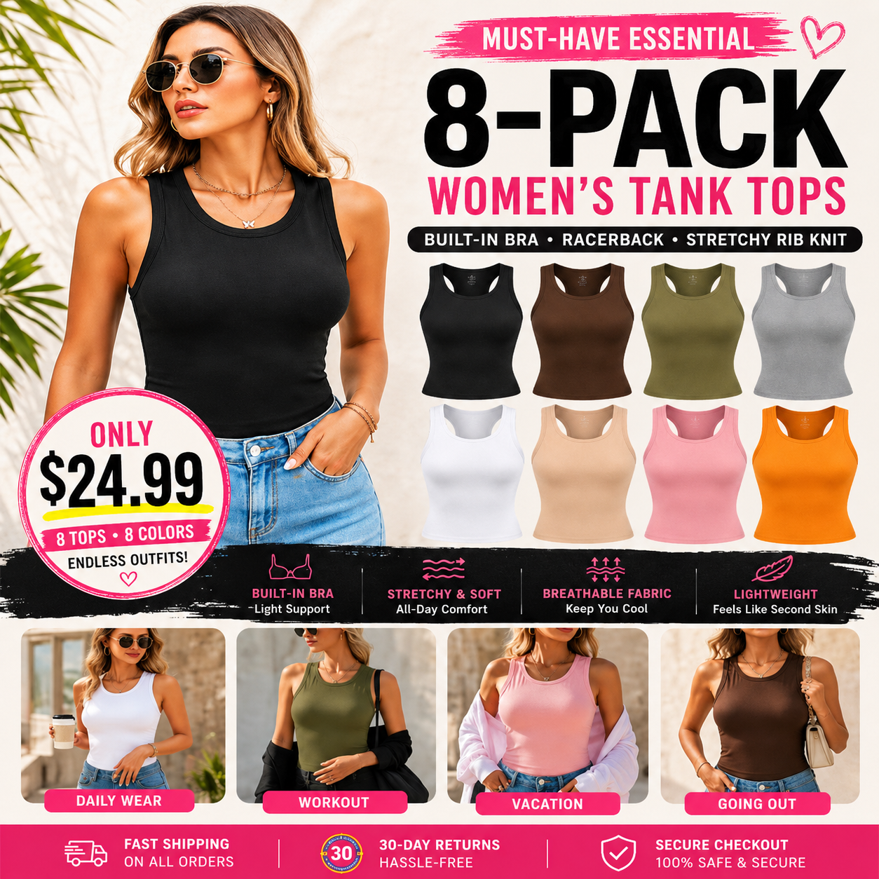 🔥 Viral Built-In Bra Tank – No Bra Needed | Snatch Fit Ribbed Top