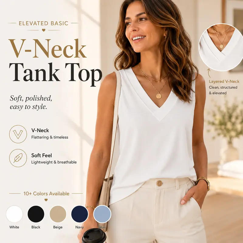 Women’s Lightweight V-Neck Tank Top – Relaxed Fit Sleeveless Casual Top