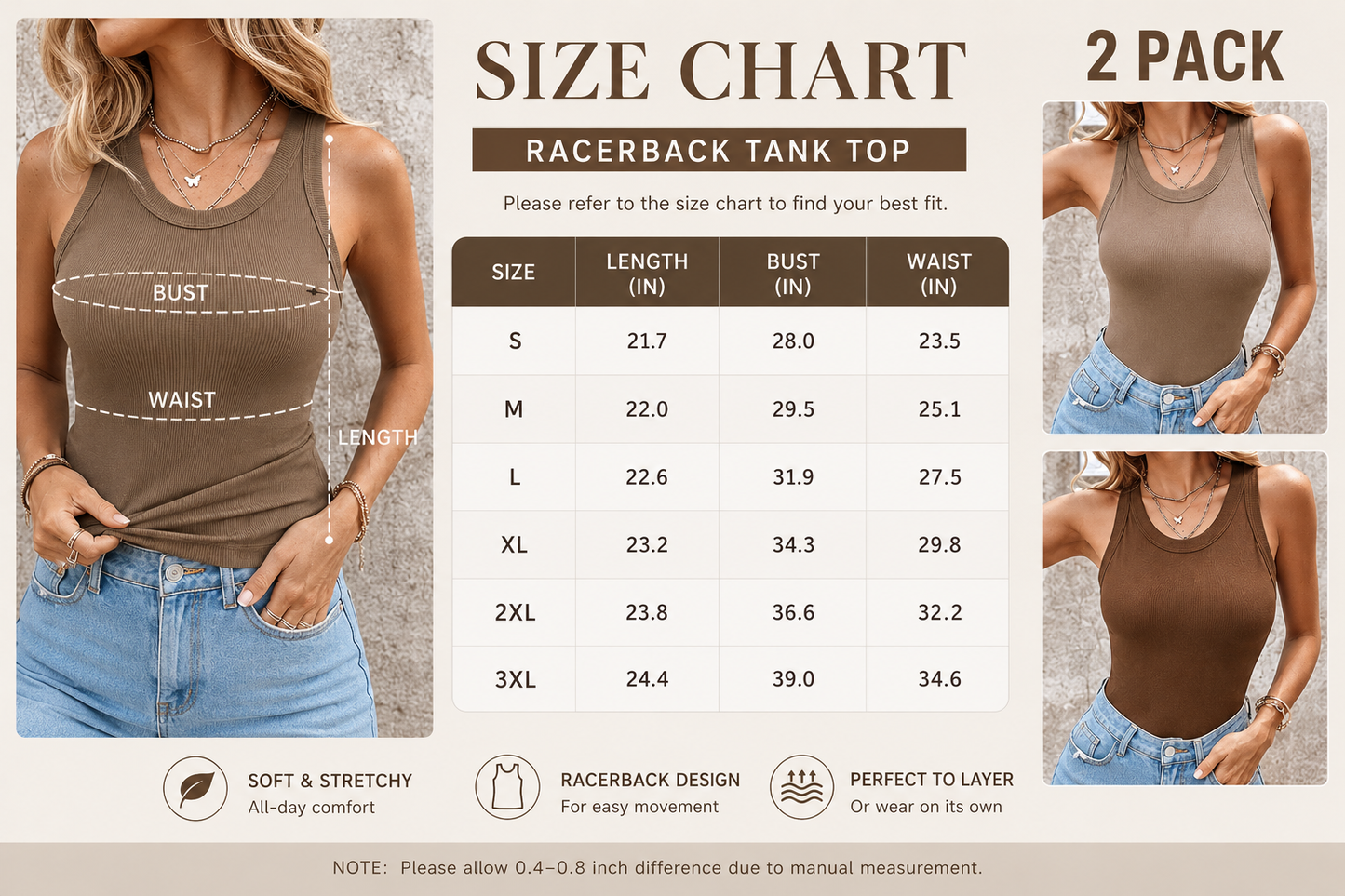 🔥 A versatile ribbed tank designed with a built-in bra, stretchy fabric and a classic racerback silhouette. Easy to wear on its own or layer with your favorite everyday outfits.