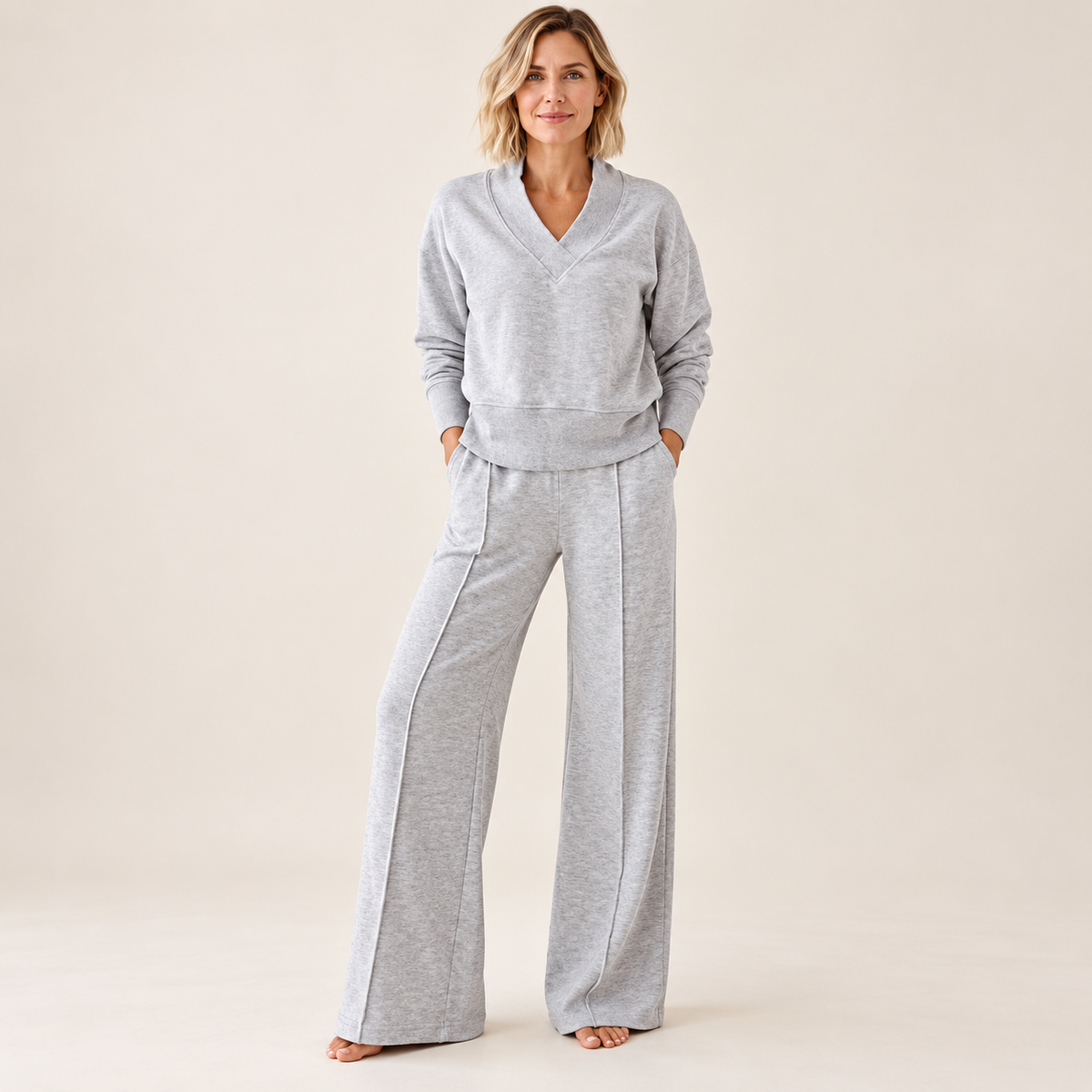 Women's Relaxed Two-Piece Set – Long Sleeve Top & Wide-Leg Pants