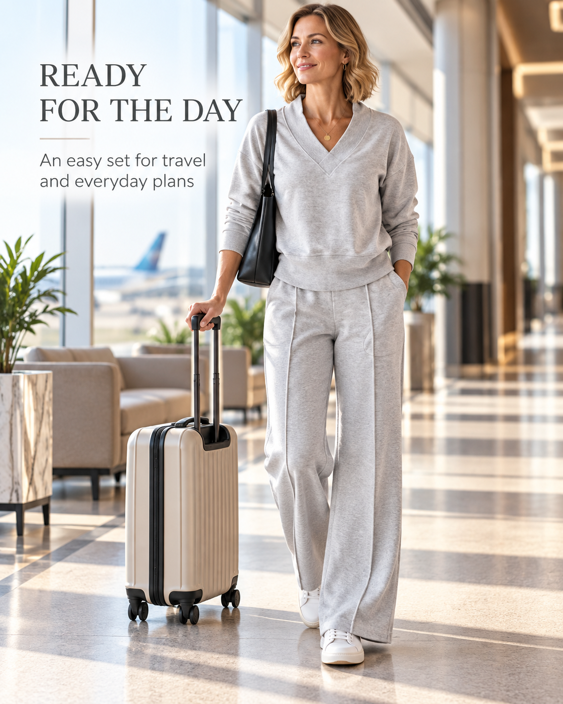 Women's Relaxed Two-Piece Set – Long Sleeve Top & Wide-Leg Pants