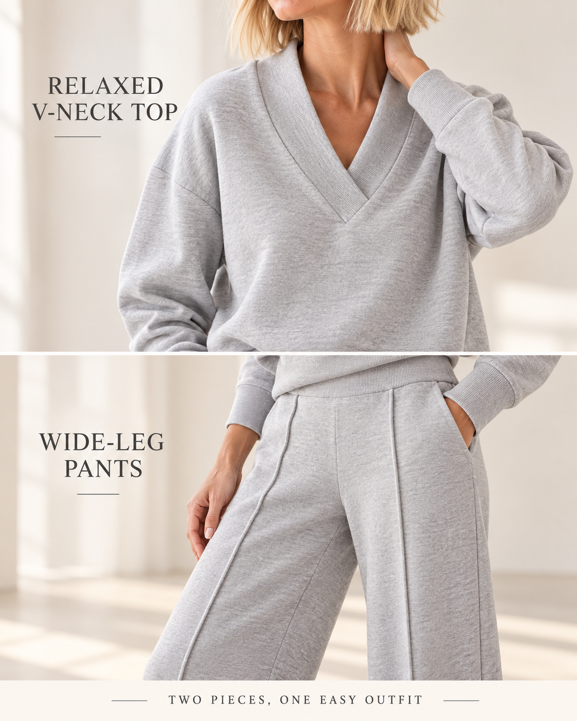 Women's Relaxed Two-Piece Set – Long Sleeve Top & Wide-Leg Pants