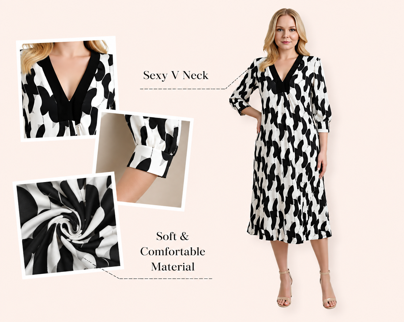 V‑Neck 3/4 Sleeve Midi Dress, Loose‑Fit Casual Flowy Tunic Dress For Daily Wear