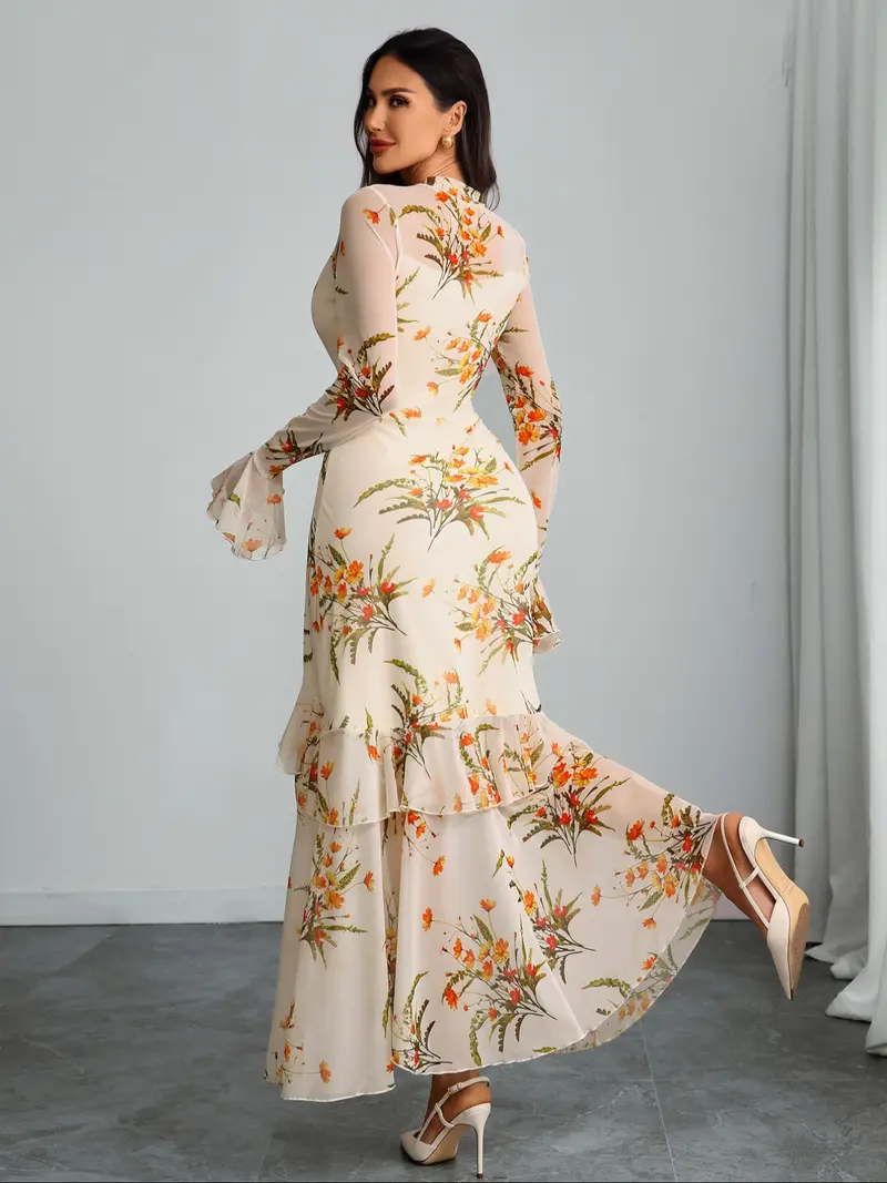 Women’s Floral Mesh Long Sleeve Ruffle Maxi Dress
